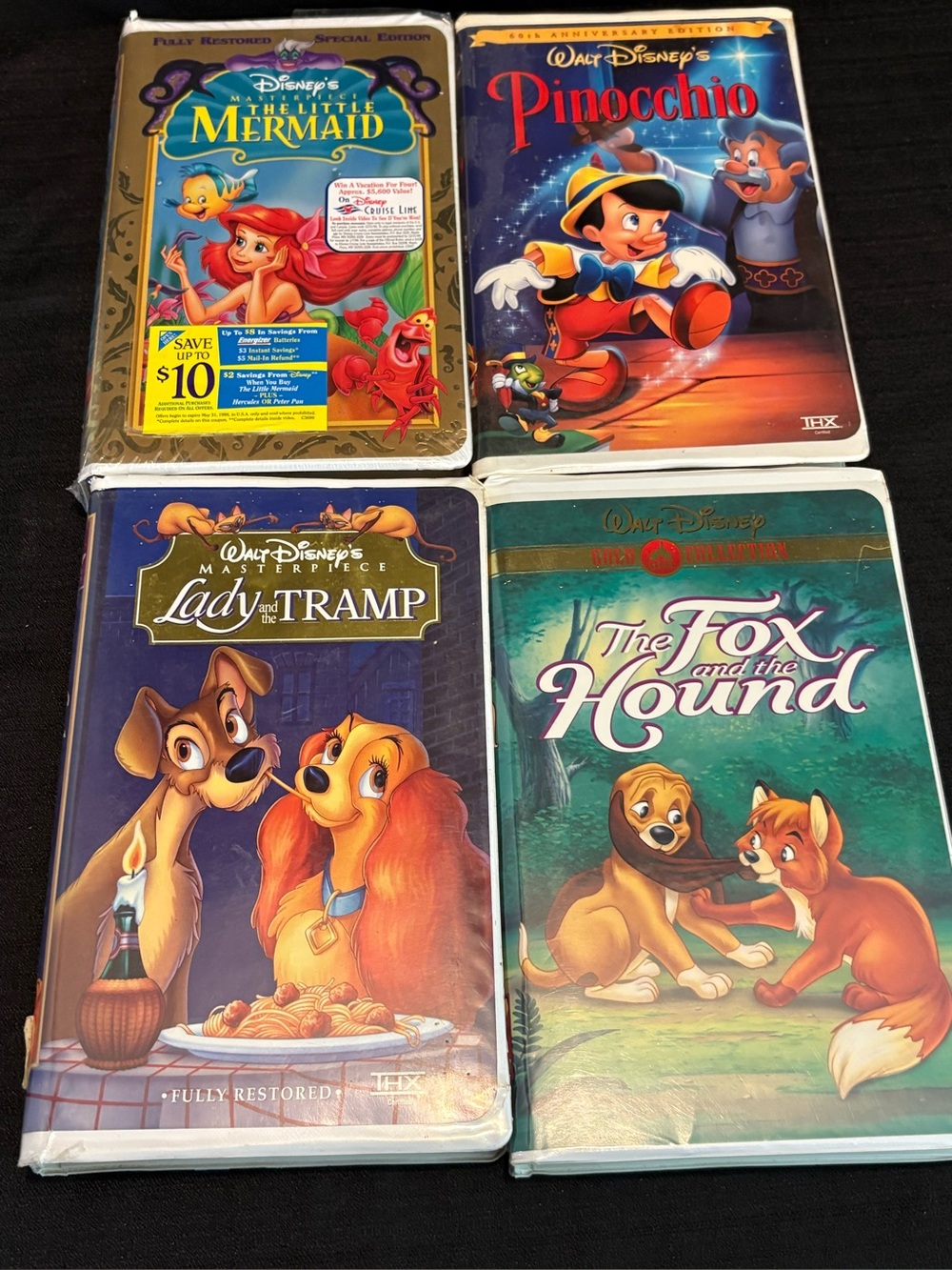 4 Disney VHS Mermaid, Fox & Hound, Lady & Tramp & Pinocchio